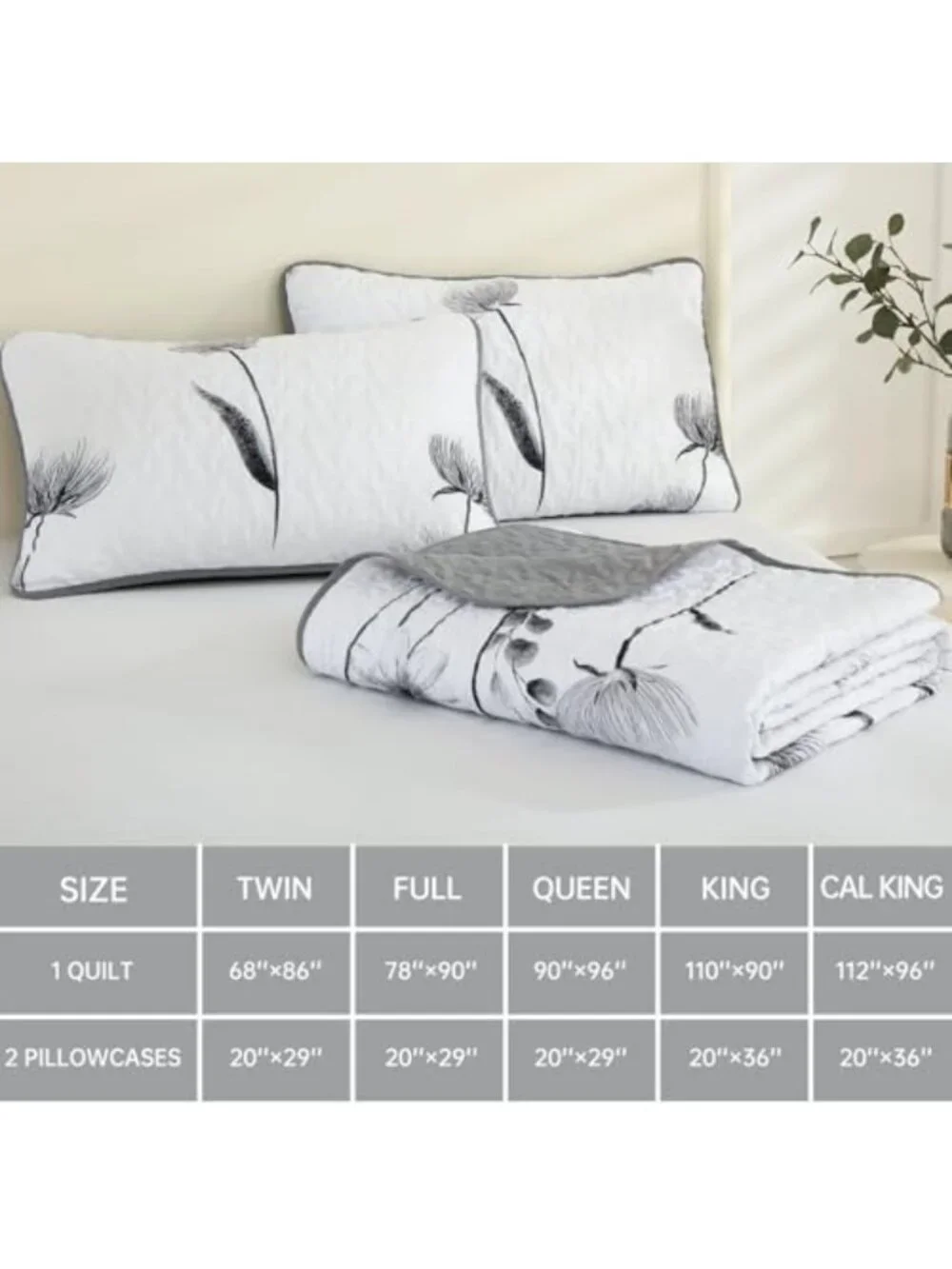 California King Floral Quilt Set - Cute Grey Flower Bedspread & Shams